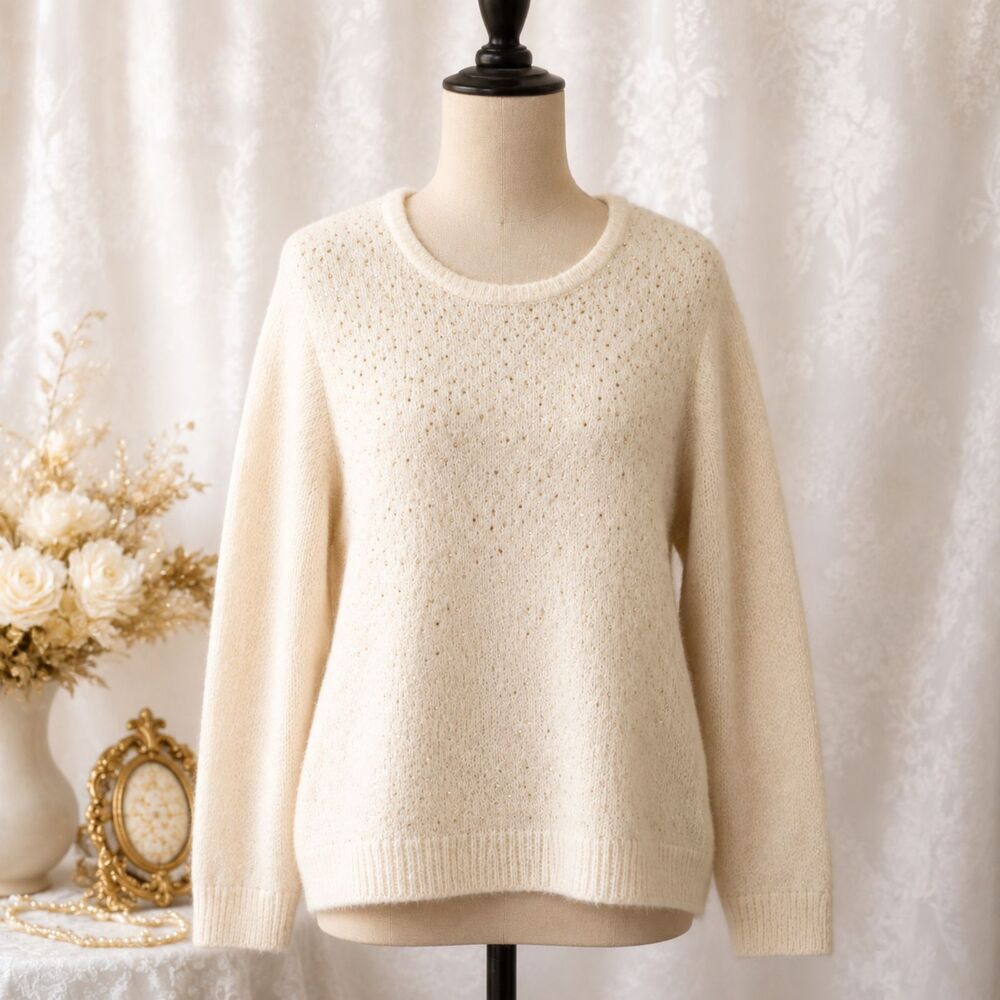 Vintage Cathy Daniels Cream Sweater XL Gold Studs Lurex Metallic Knit